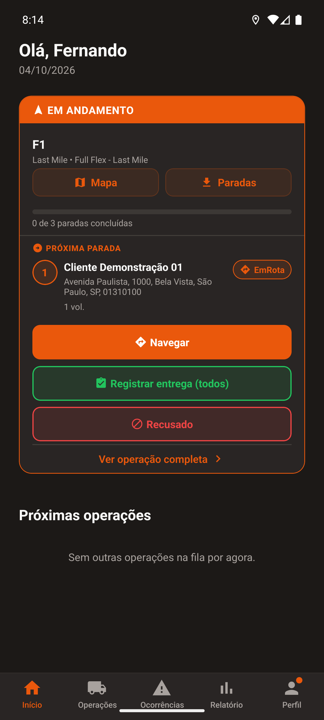 Tela real do LogCore Motorista mostrando uma operação em andamento, progresso e próxima parada