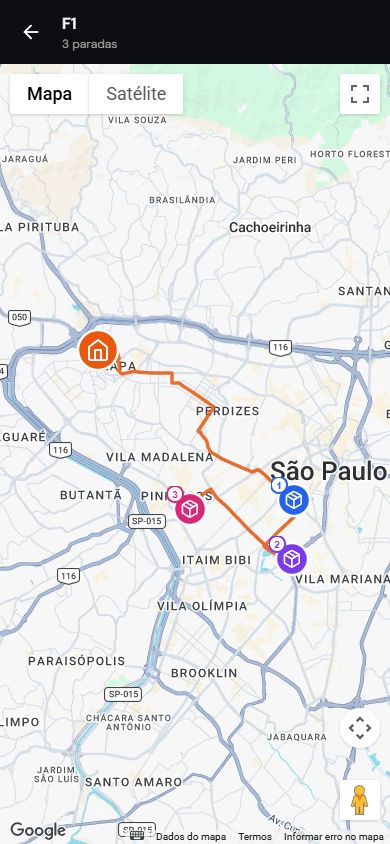 Mapa real do LogCore Motorista com base, rota calculada e três paradas numeradas