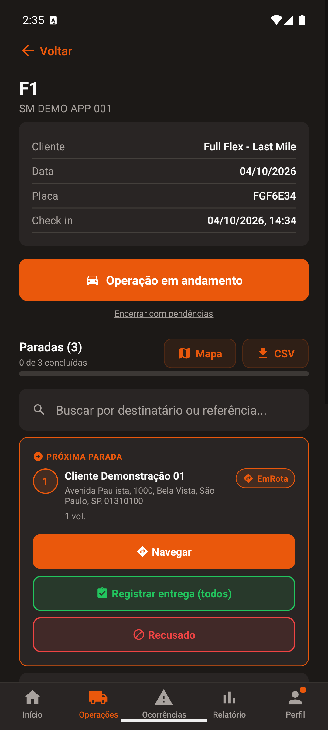 Tela real do LogCore Motorista com detalhes da rota, paradas e ações de entrega