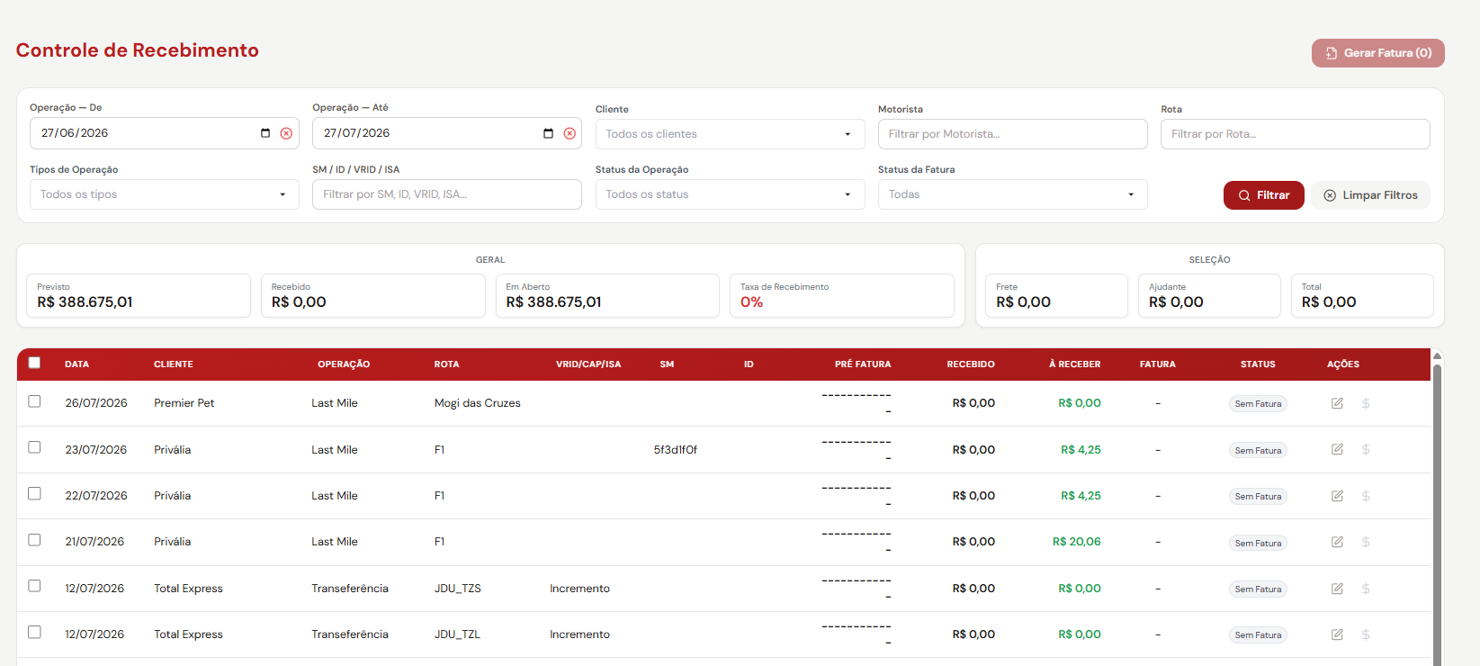 Tela de Controle de Recebimento do LogCore Nexus, com resumo financeiro e listagem de operações a receber